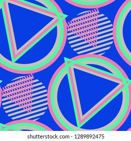 Seamless Pop Art Pattern. Abstract Color Texture with Lines and Geometric Figures for Wallpaper, Cotton, Textile. Trendy Seamless Multicolor Background in Disco Style. Vector Texture.
