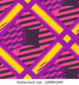 Seamless Pop Art Pattern. Abstract Color Texture with Lines and Geometric Figures for Chintz, Linen, Wallpaper. Modern Seamless Multicolor Background in Disco Style. Vector Texture.