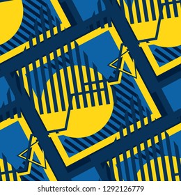 Seamless Pop Art Pattern. Abstract Colorful Texture with Lines and Geometric Figures for Print, Fabric, Cloth. Retro Seamless Multicolor Background in Disco Style. Vector Texture.