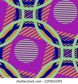 Seamless Pop Art Pattern. Abstract Colorful Texture with Lines and Geometric Figures for Wallpaper, Fabric, Textile. Retro Seamless Multicolor Background in Disco Style. Vector Texture.
