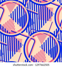 Seamless Pop Art Pattern. Abstract Color Texture with Lines and Geometric Figures for Cotton, Calico, Textile. Retro Seamless Multicolor Background in Disco Style. Vector Texture.