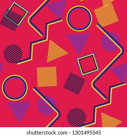 Seamless Pop Art Pattern. Abstract Colorful Texture with Lines and Geometric Figures for Chintz, Curtain, Paper. Retro Seamless Multicolor Background in Disco Style. Vector Texture.