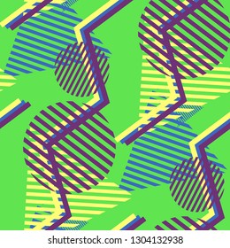 Seamless Pop Art Pattern. Abstract Color Texture with Lines and Geometric Figures for Print, Cloth, Textile. Vintage Seamless Multicolor Background in Disco Style. Vector Texture.
