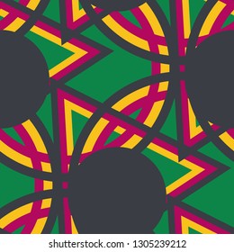 Seamless Pop Art Pattern. Abstract Color Texture with Lines and Geometric Figures for Print, Cloth, Textile. Trendy Seamless Multicolor Background in Disco Style. Vector Texture.