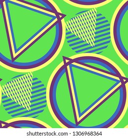 Seamless Pop Art Pattern. Abstract Colorful Texture with Lines and Geometric Figures for Dress, Curtain, Tablecloth. Modern Seamless Multicolor Background in Disco Style. Vector Texture.