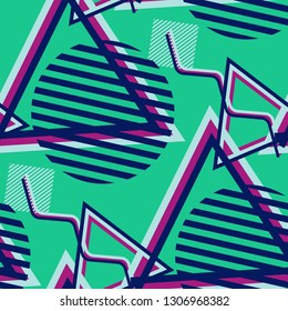 Seamless Pop Art Pattern. Abstract Colorful Texture with Lines and Geometric Figures for Print, Fabric, Textile. Modern Seamless Multicolor Background in Disco Style. Vector Texture.