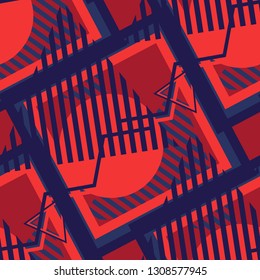 Seamless Pop Art Pattern. Abstract Color Texture with Lines and Geometric Figures for Cotton, Print, Calico. Trendy Seamless Multicolor Background in Disco Style. Vector Texture.