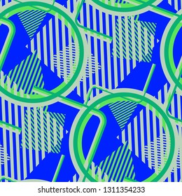 Seamless Pop Art Pattern. Abstract Color Texture with Lines and Geometric Figures for Print, Fabric, Textile. Trendy Seamless Multicolor Background in Disco Style. Vector Texture.