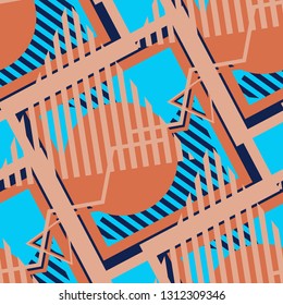 Seamless Pop Art Pattern. Abstract Colorful Texture with Lines and Geometric Figures for Chintz, Curtain, Paper. Retro Seamless Multicolor Background in Disco Style. Vector Texture.