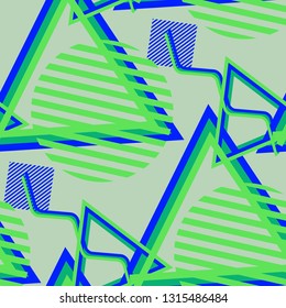 Seamless Pop Art Pattern. Abstract Colorful Texture with Lines and Geometric Figures for Dress, Paper, Tablecloth. Trendy Seamless Multicolor Background in Disco Style. Vector Texture.