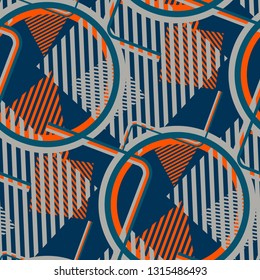 Seamless Pop Art Pattern. Abstract Colorful Texture with Lines and Geometric Figures for Calico, Print, Textile. Modern Seamless Multicolor Background in Disco Style. Vector Texture.