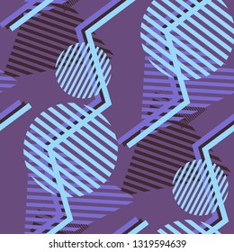 Seamless Pop Art Pattern. Abstract Color Texture with Lines and Geometric Figures for Dress, Curtain, Tablecloth. Vintage Seamless Multicolor Background in Disco Style. Vector Texture.