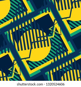 Seamless Pop Art Pattern. Abstract Colorful Texture with Lines and Geometric Figures for Print, Fabric, Textile. Vintage Seamless Multicolor Background in Disco Style. Vector Texture.