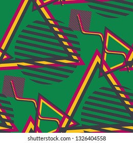 Seamless Pop Art Pattern. Abstract Colorful Texture with Lines and Geometric Figures for Wallpaper, Fabric, Textile. Trendy Seamless Multicolor Background in Disco Style. Vector Texture.