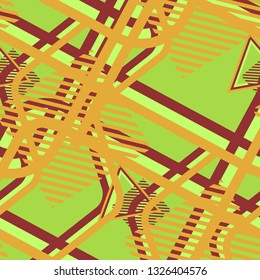 Seamless Pop Art Pattern. Abstract Colorful Texture with Lines and Geometric Figures for Wallpaper, Cotton, Textile. Trendy Seamless Multicolor Background in Disco Style. Vector Texture.