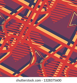 Seamless Pop Art Pattern. Abstract Color Texture with Lines and Geometric Figures for Wallpaper, Cotton, Textile. Trendy Seamless Multicolor Background in Disco Style. Vector Texture.