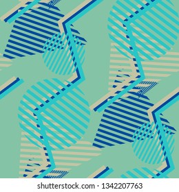 Seamless Pop Art Pattern. Abstract Color Texture with Lines and Geometric Figures for Wallpaper, Print, Textile. Vintage Seamless Multicolor Background in Disco Style. Vector Texture.