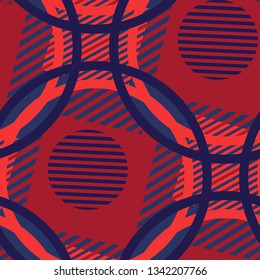 Seamless Pop Art Pattern. Abstract Color Texture with Lines and Geometric Figures for Print, Cloth, Textile. Retro Seamless Multicolor Background in Disco Style. Vector Texture.