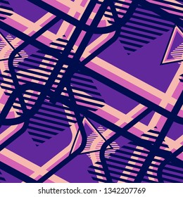 Seamless Pop Art Pattern. Abstract Color Texture with Lines and Geometric Figures for Linen, Paper, Tablecloth. Retro Seamless Multicolor Background in Disco Style. Vector Texture.