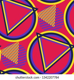 Seamless Pop Art Pattern. Abstract Color Texture with Lines and Geometric Figures for Linen, Paper, Tablecloth. Trendy Seamless Multicolor Background in Disco Style. Vector Texture.