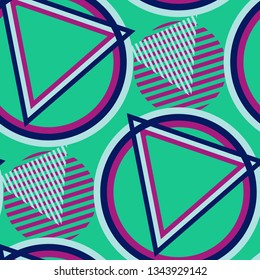 Seamless Pop Art Pattern. Abstract Colorful Texture with Lines and Geometric Figures for Print, Fabric, Textile. Vintage Seamless Multicolor Background in Disco Style. Vector Texture.
