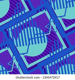 Seamless Pop Art Pattern. Abstract Color Texture with Lines and Geometric Figures for Chintz, Curtain, Paper. Vintage Seamless Multicolor Background in Disco Style. Vector Texture.