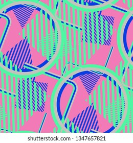 Seamless Pop Art Pattern. Abstract Colorful Texture with Lines and Geometric Figures for Cotton, Print, Calico. Trendy Seamless Multicolor Background in Disco Style. Vector Texture.
