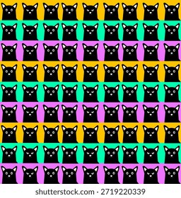Patrón de arte Pop sin fisuras de retratos de gatos negros en vibrantes rayas multicolores