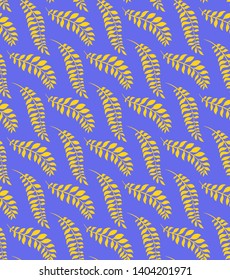 Seamless pop art pattern with branches and leaves in a row. Yellow silhouette of vegetation. Herb blue background. Vector texture for fabrics, wallpapers and your creativity