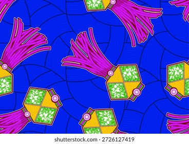 nahtloses Pop-Art-Muster für Diwali, mit Cartoon-Stil Akash Gandil Laternen auf blauem Hintergrund. Diese traditionelle indische Hängelampe ist perfekt für Bekleidungsdesign, Stoffdruck
