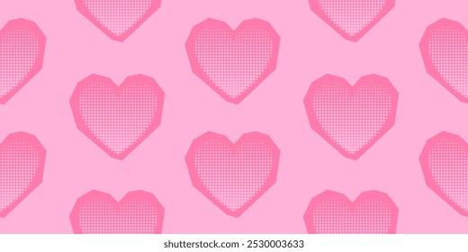Seamless pop art pattern with heart shapes on pink background. Retro love cover with halftone effect. Vector illustration for textile, wrapping paper, fabric, wallpaper, backdrop, print design