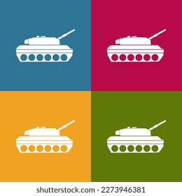 Patrón de arte pop sin foco. Tanque militar blanco. Fondo con vehículo de combate. Ilustración vectorial colorida aislada en fondo gris.