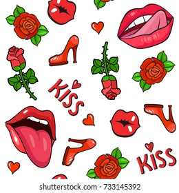 Seamless pop art style background with fashion lips patch badges. Lips, rose, shoes and other elements. Comic book style vector stickers, pins, patches, illustrations