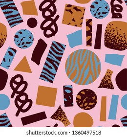 Seamless, pop, collage style pattern of textured geometric shapes with colorful layers and squiggle.