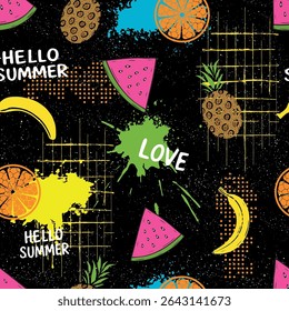 Seamless pop-art summer pattern with tropical fruits, paint splashes, halftone dots and bold text. Perfect for streetwear, activewear, textile prints, and fun packaging.