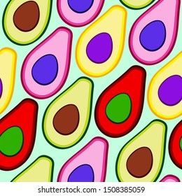 Seamless pop-art vector pattern with avocado halves  for print, organic, vegan. Proper nutrition, food, healthy breakfast, eco and fresh fruits and vegetables. Background, postcard, Texture, base