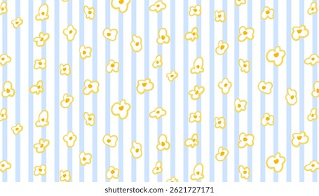 Seamless popcorn pattern with blue vertical stripes. Hand-drawn caramel popcorn in doodle style on transparent background. Perfect for snack packaging, wrapping paper, and cinema-themed designs.