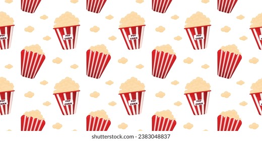 Seamless Popcorn pattern in red white bucket. Vector illustration. Popcorn Day.