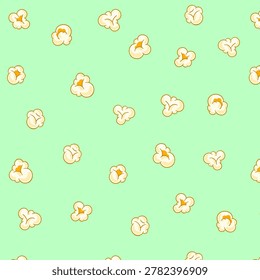 Seamless popcorn pattern with stylized hand drawn popcorn kernels. Simple cartoon style elements scattered across transparent background. Ideal for food design, cinema themes, snack packaging, kids products, wrapping paper, textile and print design.