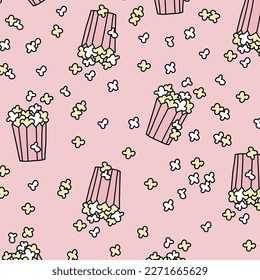 Seamless popcorn texture cute pattern vector pospcorn background pink food and colors