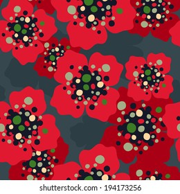 Seamless poppies texture - red flowers on dark background.