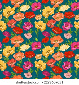 Seamless poppy flower pattern with hand drawn colored blooms on blue  background. Floral ornament for background, wallpaper, greeting card, packaging, printing, fabric, textiles. Vector illustration. 