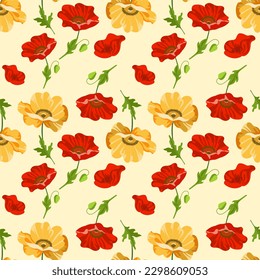 Patrón de flores de amapola sin foco con flores de color dibujadas a mano sobre fondo amarillo. Ornamento floral para fondo, papel de pared, tarjeta de saludo, embalaje, impresión, tela, textiles. Ilustración vectorial.