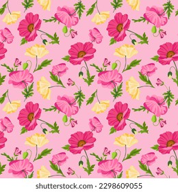 Seamless poppy flower pattern with hand drawn colored blooms on pink background. Floral ornament for background, wallpaper, greeting card, packaging, printing, fabric, textiles. Vector illustration. 