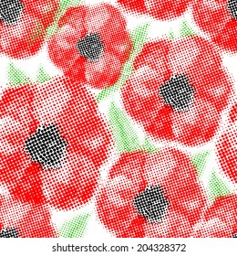 Patrón de Fondo de pantalla de flores de amapola sin costuras. Vector de fondo. Efecto semitono. EPS10. 
