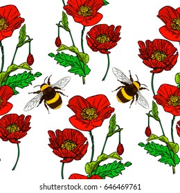 Seamless poppy pattern with a bumblebee.