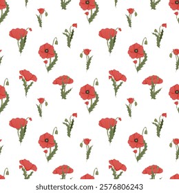 Seamless poppy pattern with delicate red flowers and green leaves. Vector botanical design for fabric, wrapping, print and wallpapers.