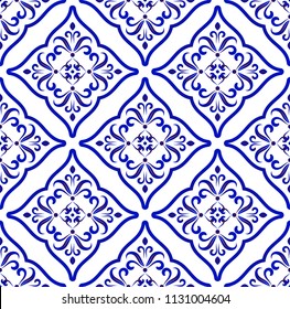 seamless porcelain decorative pattern damask and baroque style,Wallpaper Islamic, blue and white floral decorative background for design, porcelain, ceramic, tile, texture, fabric and silk