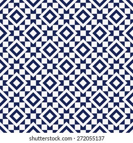 Seamless porcelain indigo blue and white geometric diagonal squares tile pattern vector