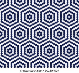 Seamless porcelain indigo blue and white hexagonal tiles ethnic pattern vector